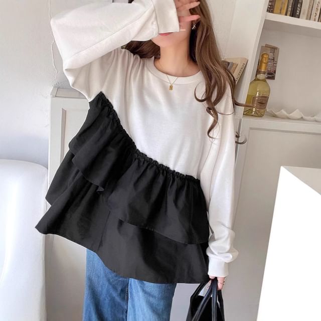 Ruffle-Trim Panel Pullover with Crew Neck