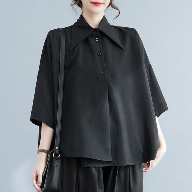 Asymmetric Plain Shirt with Three-Quarter Sleeves