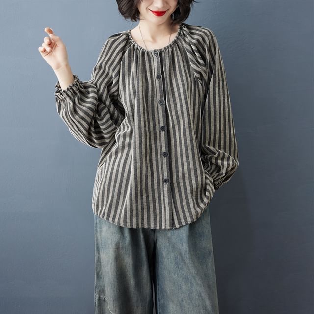 Striped Blouse with Round Neck and Long Sleeves
