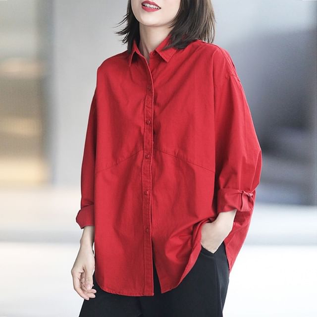 Oversized Plain Shirt with Long Sleeves