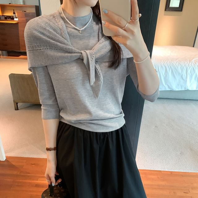 Knit Top Set with Mock Neck, 3/4 Sleeves, and Perforated Shawl