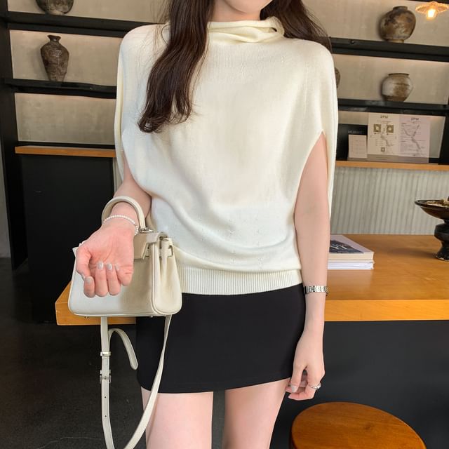 Knit Top with Mock Neck and Cape Sleeves in Solid Color