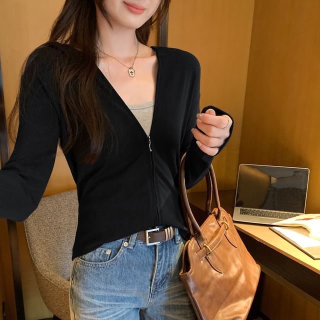Zip-Up Cropped Hoodie in Solid Color