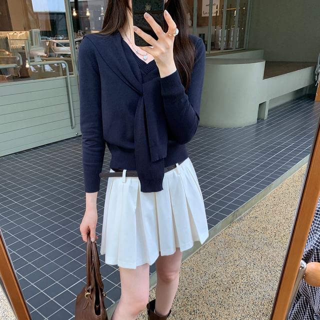 Mock Two-Piece Crop Knit Top with V-Neck and Long Sleeves