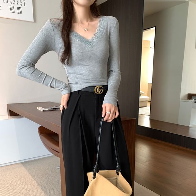 Slim-Fit Crop Tee with Lace Trim, V-Neck, and Long Sleeves