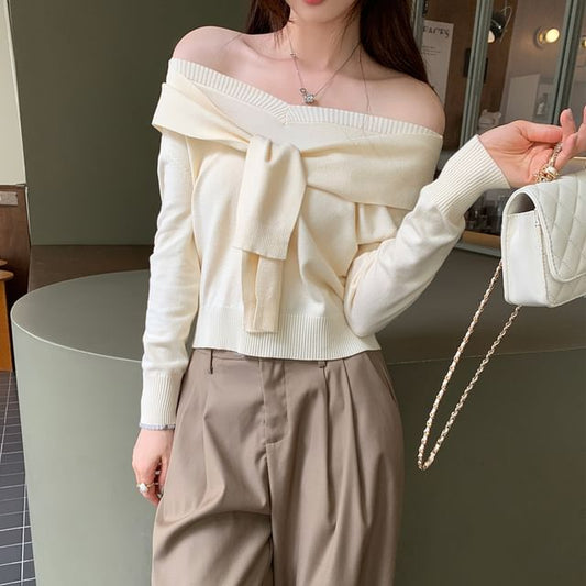 Mock Two-Piece Crop Knit Top with V-Neck and Long Sleeves