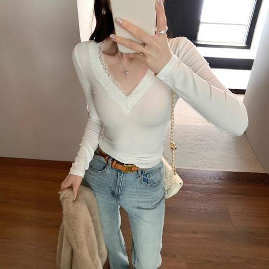 Slim-Fit Crop Tee with Lace Trim, V-Neck, and Long Sleeves