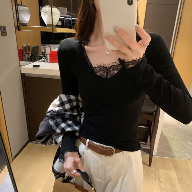 Slim-Fit Tee with Lace Panel, V-Neck, and Long Sleeves