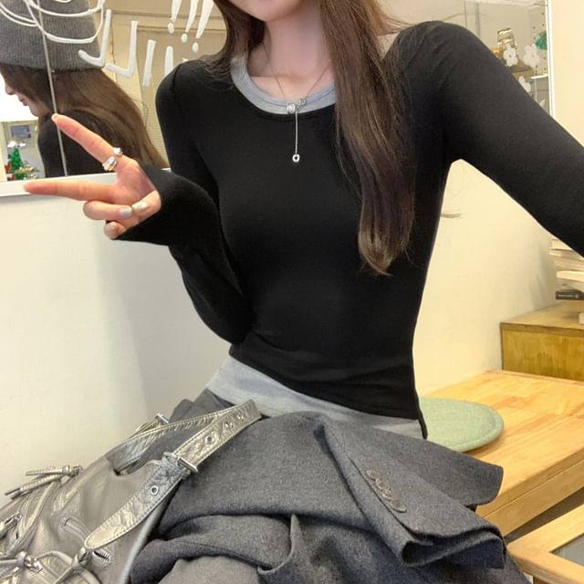 Mock Two-Piece Slim-Fit Tee with Crew Neck, Two-Tone, and Long Sleeves