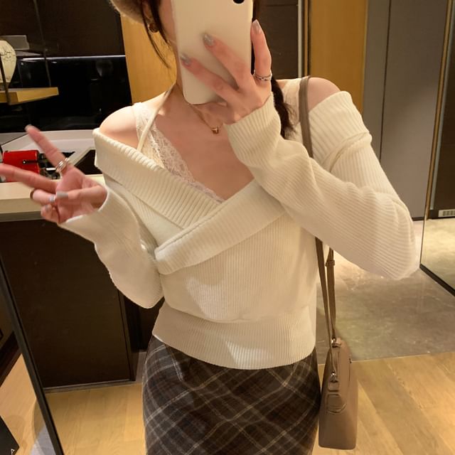 Ribbed Crop Knit Top with Halter Neck, Off-Shoulder, and Long Sleeves