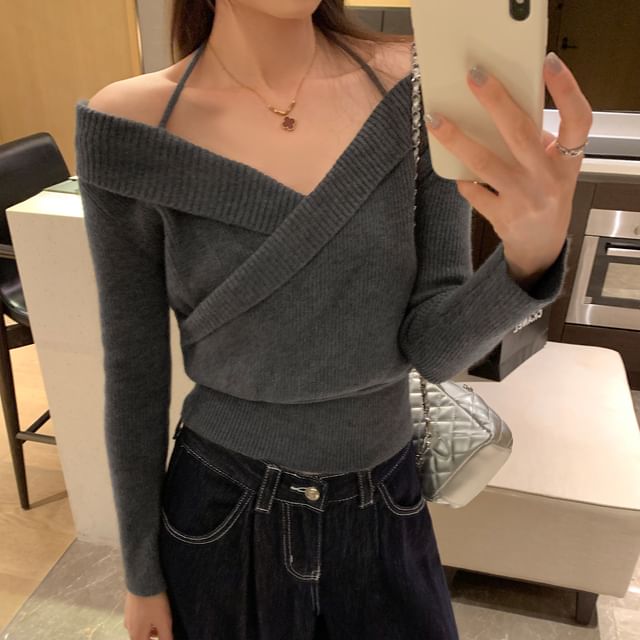 Ribbed Crop Knit Top with Halter Neck, Off-Shoulder, and Long Sleeves