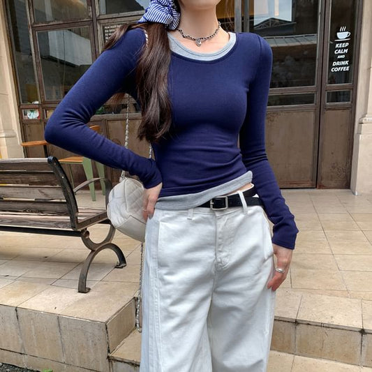 Mock Two-Piece Slim-Fit Tee with Crew Neck, Two-Tone, and Long Sleeves