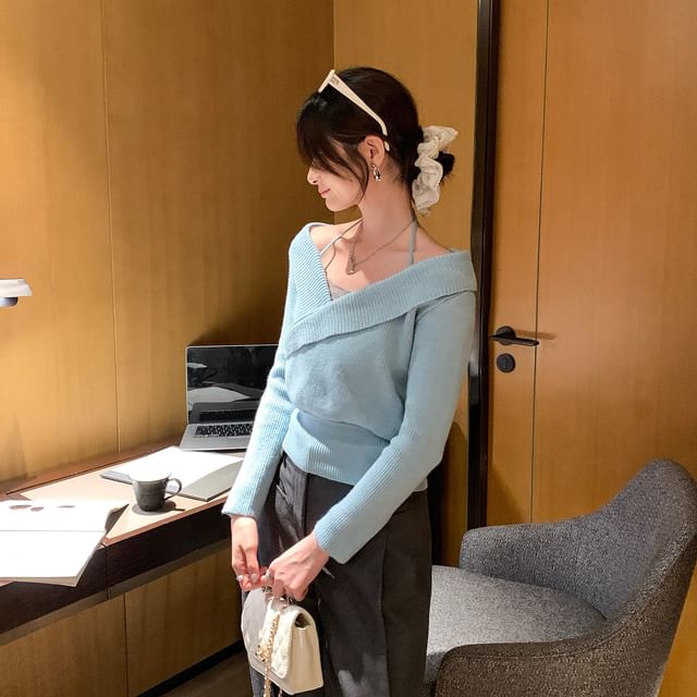 Ribbed Crop Knit Top with Halter Neck, Off-Shoulder, and Long Sleeves
