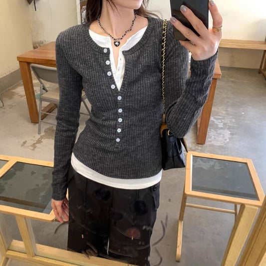Mock Two-Piece Knit Top with Crew Neck, Two-Tone, Half-Buttoned, and Long Sleeves