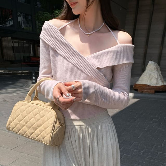 Ribbed Crop Knit Top with Halter Neck, Off-Shoulder, and Long Sleeves