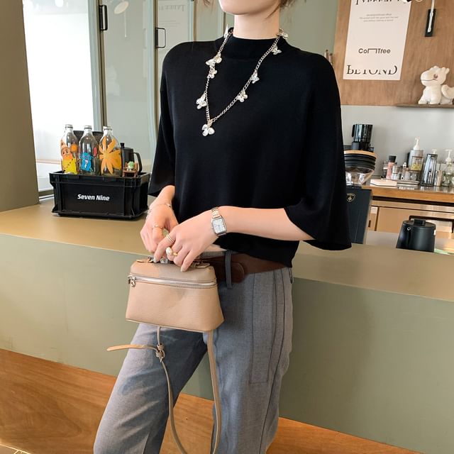 Cropped Knit Top with Mock Neck and 3/4 Sleeves