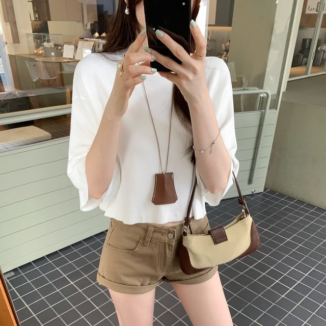 Cropped Knit Top with Mock Neck and 3/4 Sleeves