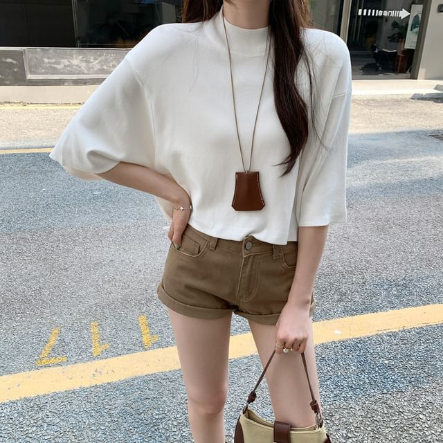 Cropped Knit Top with Mock Neck and 3/4 Sleeves
