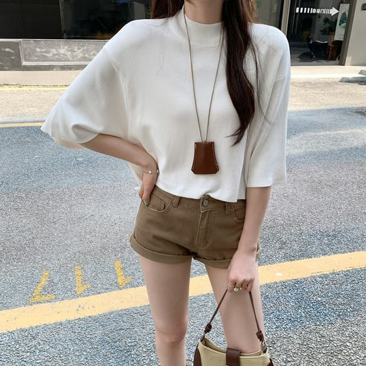 Cropped Knit Top with Mock Neck and 3/4 Sleeves