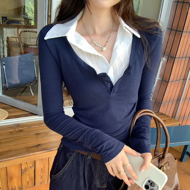 Mock Two-Piece Slim-Fit Tee with Collar, Two-Tone, and Ruched Long Sleeves