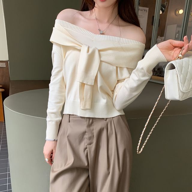 Mock Two-Piece Crop Knit Top with V-Neck and Long Sleeves