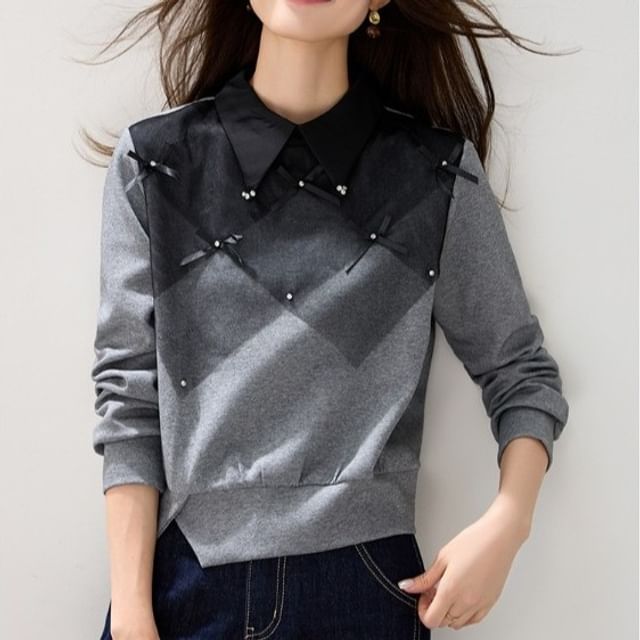 Color Block Sweatshirt with Collared Neckline