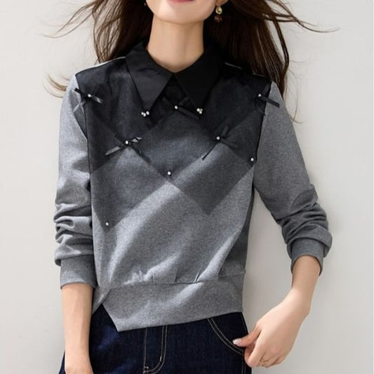 Color Block Sweatshirt with Collared Neckline