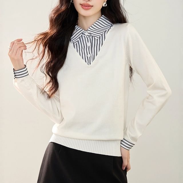 Striped Panel Knit Top with Collar and Extended Sleeves