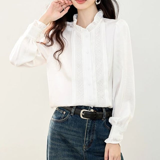 Lace-Trimmed Blouse with Ruffle Collar and Long Sleeves