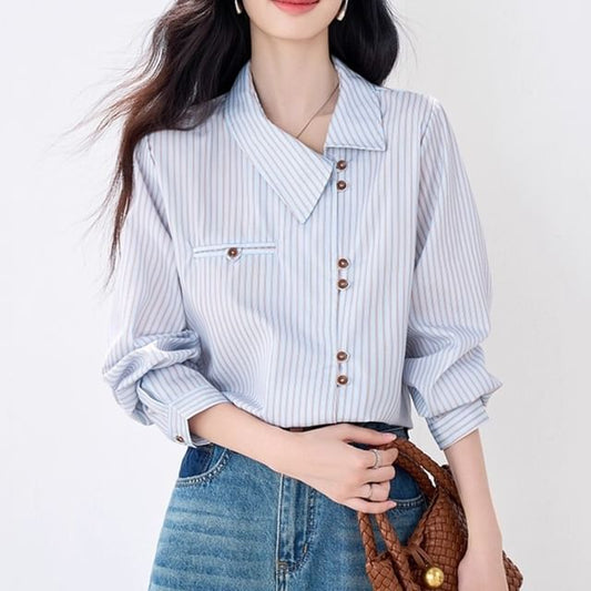 Asymmetric Button-Up Shirt with Collar and Long Sleeves in Stripes