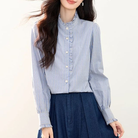Striped Ruffle-Trim Blouse with Stand Collar and Long Sleeves