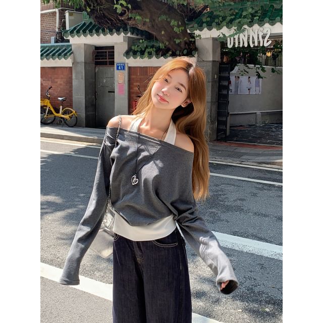 Cold-Shoulder Mock Two-Piece Tee with Long Sleeves