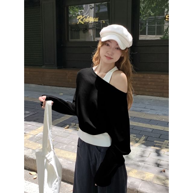 Cold-Shoulder Mock Two-Piece Tee with Long Sleeves