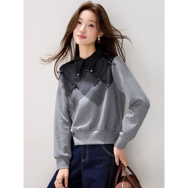 Color Block Sweatshirt with Collared Neckline