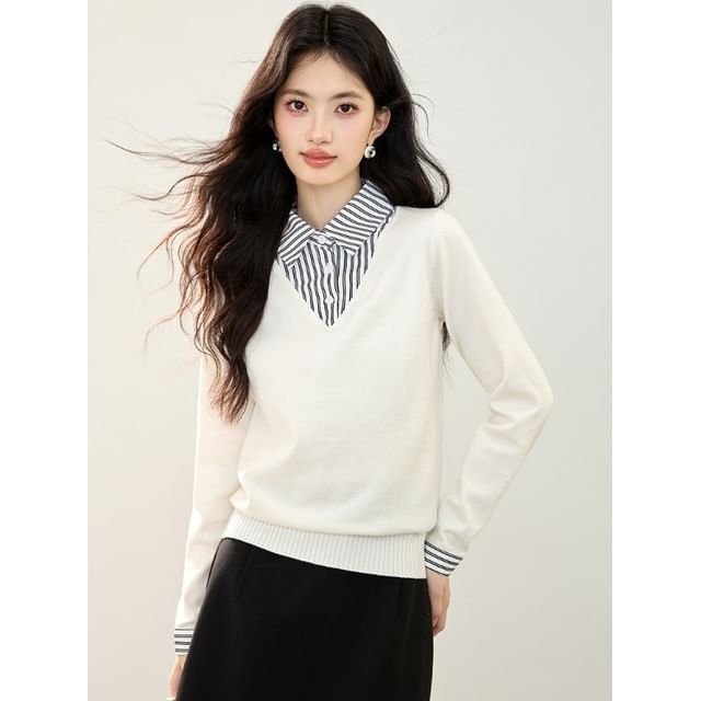 Striped Panel Knit Top with Collar and Extended Sleeves