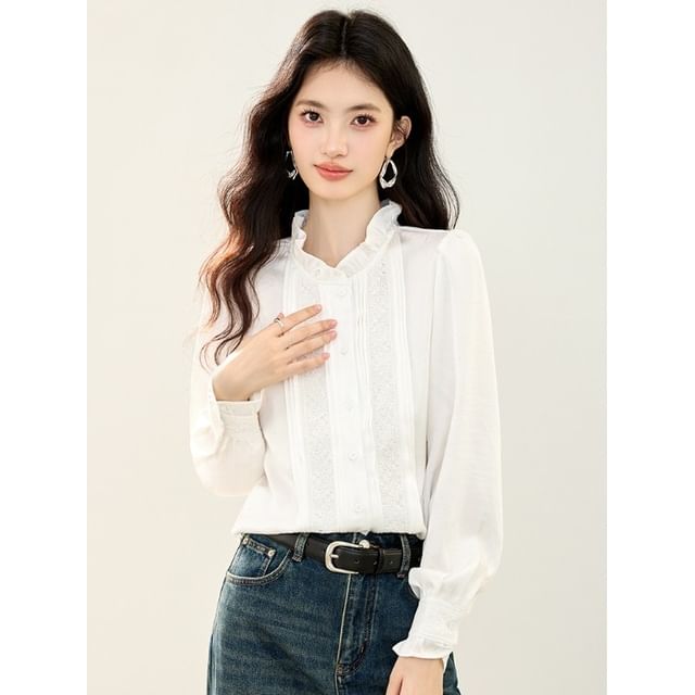 Lace-Trimmed Blouse with Ruffle Collar and Long Sleeves