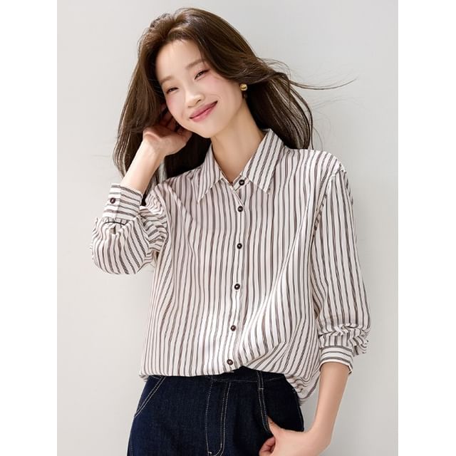 Striped Button-Front Shirt with Collar and Long Sleeves