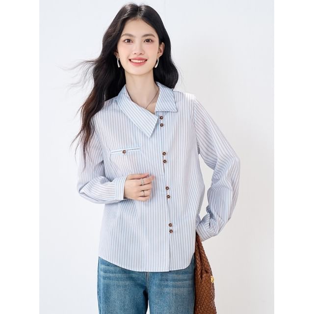 Asymmetric Button-Up Shirt with Collar and Long Sleeves in Stripes
