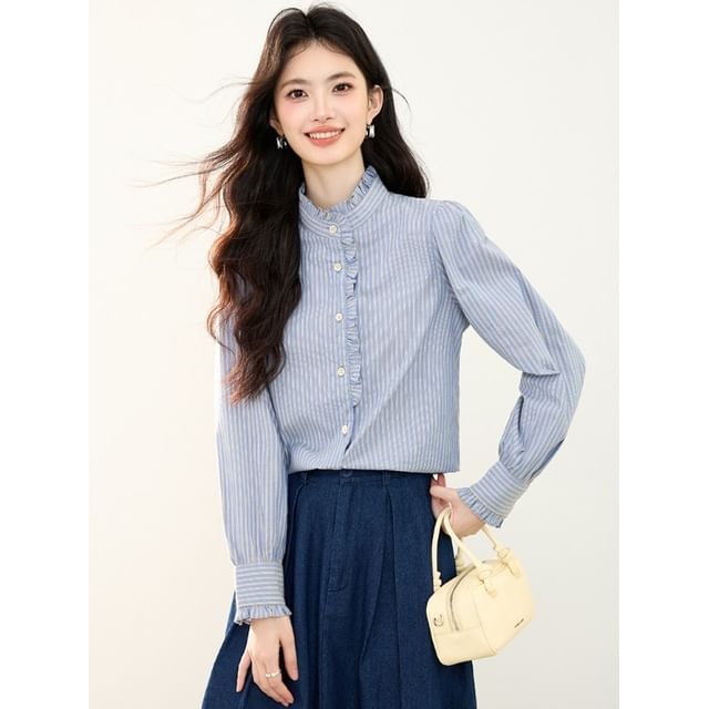 Striped Ruffle-Trim Blouse with Stand Collar and Long Sleeves
