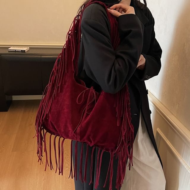 Faux Suede Fringe Shoulder Bag