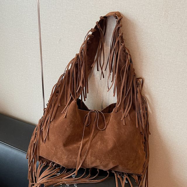 Faux Suede Fringe Shoulder Bag