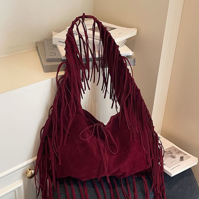 Faux Suede Fringe Shoulder Bag