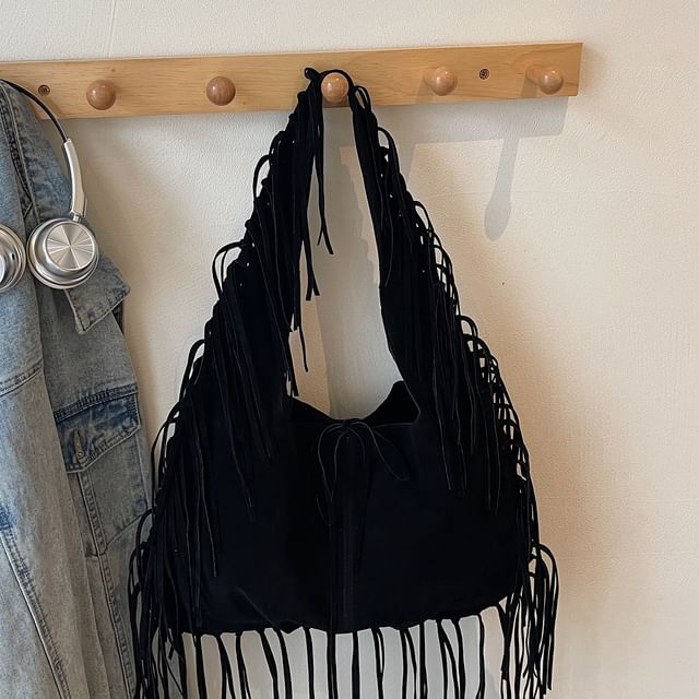 Faux Suede Fringe Shoulder Bag
