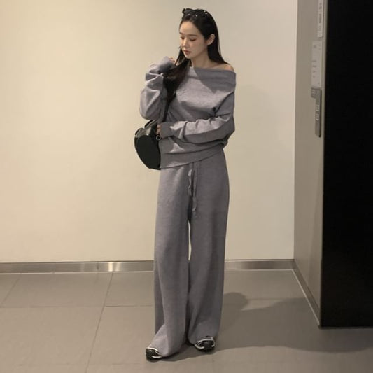 Two-Piece Outfit: Plain Knit Boatneck Top and Wide-Leg Trousers