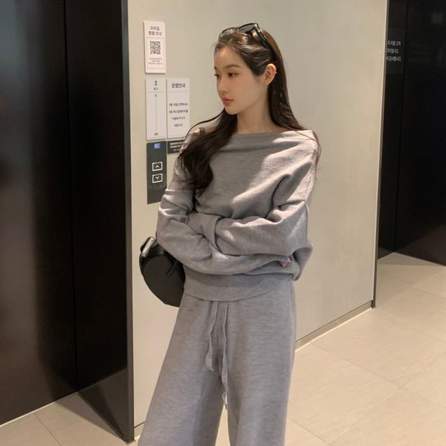 Two-Piece Outfit: Plain Knit Boatneck Top and Wide-Leg Trousers