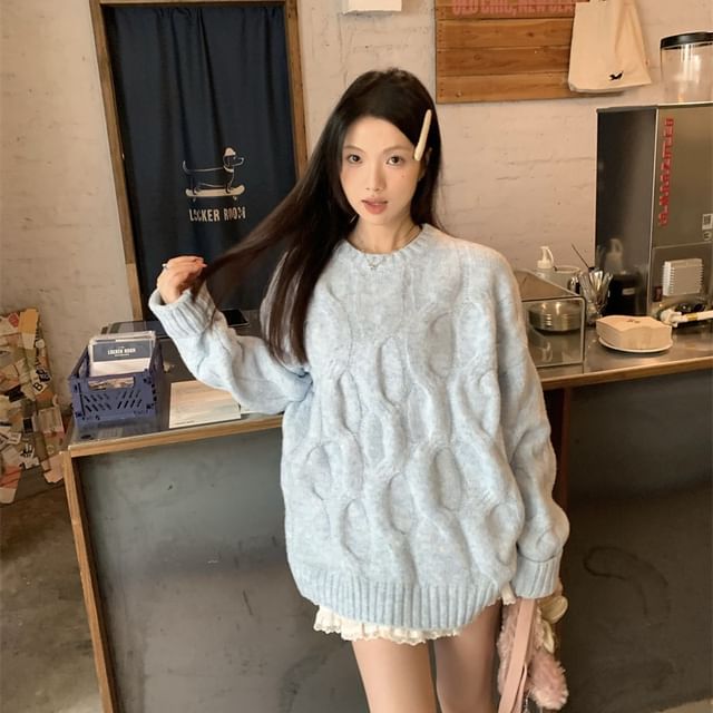 Cable Knit Plain Sweater with Crewneck