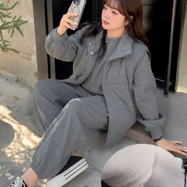 Melange Padded Button Vest with Stand Collar, Pullover and Baggy Sweatpants