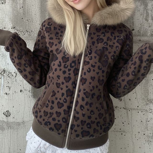 Leopard Print Fluffy Trim Zip-Up Hoodie