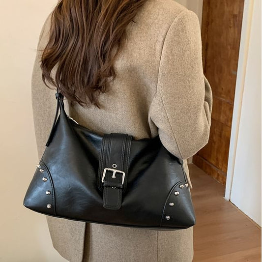 Studded Buckled Faux Leather Shoulder Bag