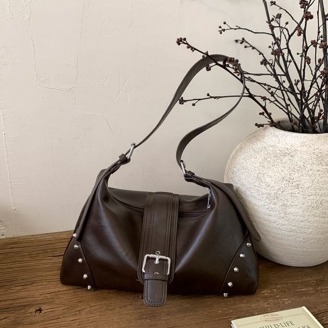 Studded Buckled Faux Leather Shoulder Bag